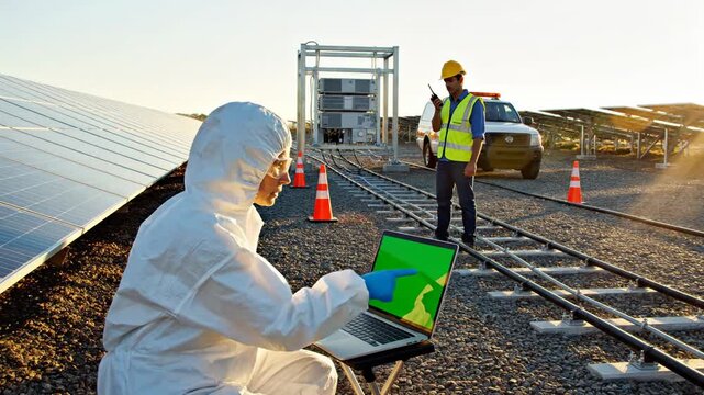 Analytical Observations in Renewable Energy: Technicians Work Together at a Solar Field, Utilizing Advanced Technology for Sustainable Solutions.Green screen.