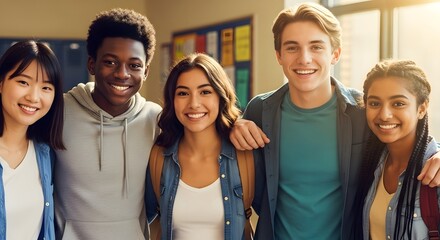 A group of diverse students smiling in a school hallway with lockers and bright natural light behind them