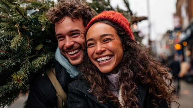Couple posing for a holiday photo in a city street during winter. - Powered by Adobe