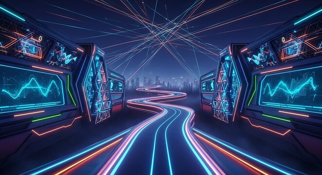 Abstract futuristic digital highway with data streams and neon lights