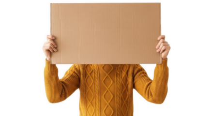 Man holding blank cardboard sign covering face isolated on transparent background png