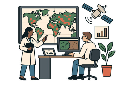 Scientists analyze global data with satellites and computers in office setting