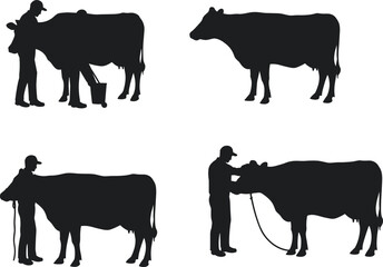 Dairy farming silhouettes with cow and farmer, milking and livestock care, rural agriculture scene, black vector illustration, pastoral village design