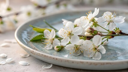 Close up of white blossoms on a branch arranged on a light blue ceramic plate with soft lighting