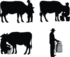 Dairy farming silhouettes with cow and milk can, farmer milking cow, rural agriculture scene, black vector illustration, village pastoral design