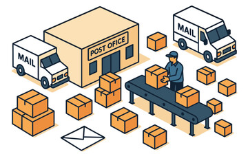 Isometric postal service concept with mail truck, post office, and packages