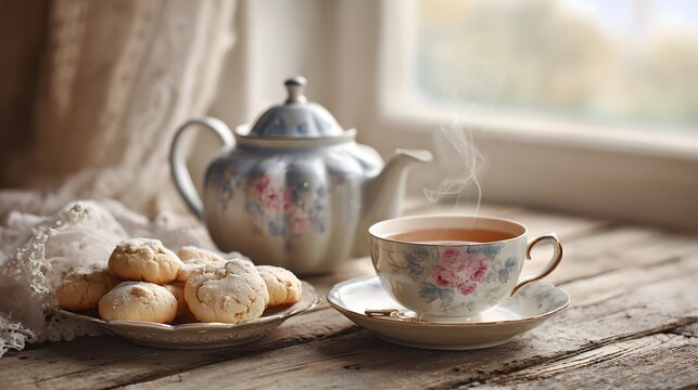 Steaming hot beverage with delicate biscuits sits beside an ornate ceramic teapot near a bright window - Powered by Adobe