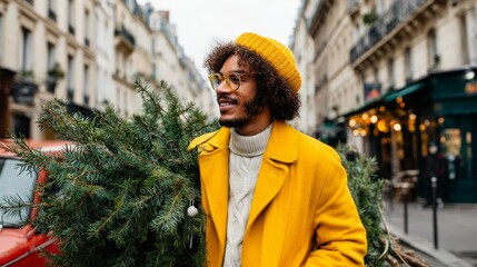 Obraz premium Man holding Christmas tree on street.