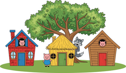 Three little pigs with houses and big bad wolf, cartoon fairy tale illustration under large tree, children storybook scene, playful artwork design