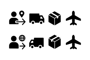 Simplified shipping process icons for global and local delivery in black silhouette