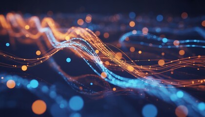 Abstract glowing digital data streams with bokeh lights in a futuristic network concept