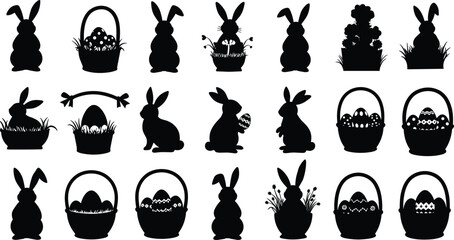 Easter bunny and egg silhouettes in baskets and grass, perfect for holiday decoration, spring celebration, crafting, cards, and invitations
