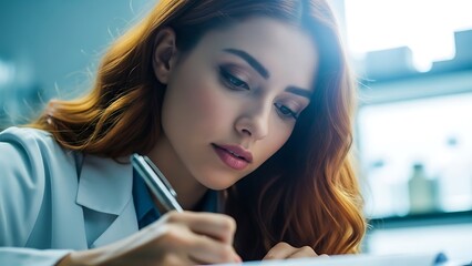 Young female scientist in a lab coat writing notes with a pen in a laboratory setting