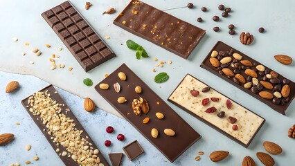 Assortment of artisan chocolate bars with nuts and toppings on a light blue textured surface view from above
