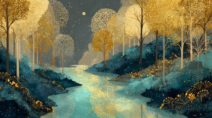 Naklejka premium Magical Forest with Golden Trees and Sparkling River in Dreamy Landscape Art