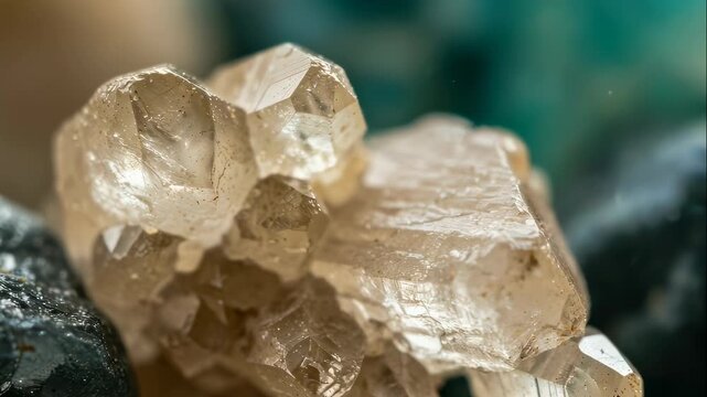 Closeup of a light transparent crystal formation next to a dark rock, showcasing mineral texture and intricate structure