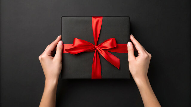Hands are gently holding a black gift box adorned with a bright red ribbon on a dark background