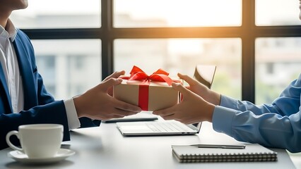 Business colleagues exchanging a gift in a modern office setting with natural light