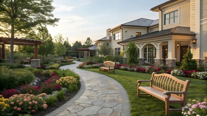 Landscaped garden with stone path leading to a building and benches on the lawn and flowerbeds