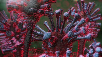 Detailed 3D animation of a red virus cell with spike proteins floating in a dark green environment representing a biological pathogen or global pandemic - Powered by Adobe