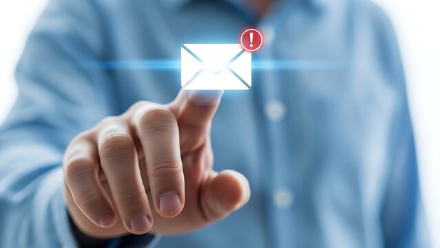 Person s finger touching a glowing envelope icon with a notification badge