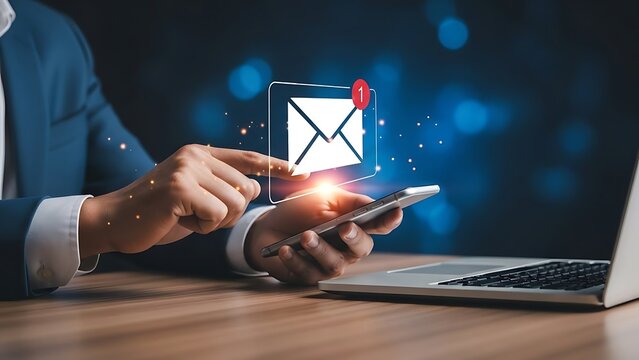 Businessman using smartphone to send email with digital envelope icon and glowing lights - Powered by Adobe