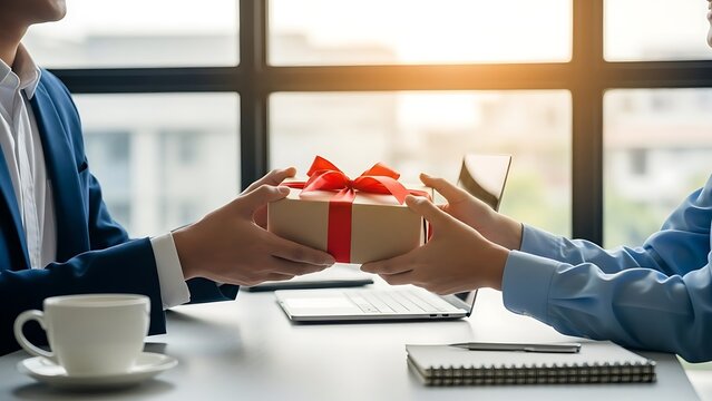 Business colleagues exchanging a gift in a modern office setting with natural light