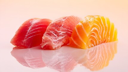 Assortment of fresh raw fish slices presented on a reflective surface with soft lighting