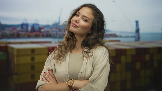 Woman crosses her arms on a street near colorful cargo containers at a port dock under overcast sky; denial.
