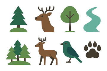 Flat forest icons: wildlife and nature elements collection