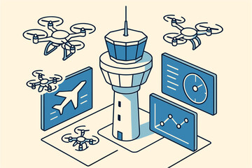 Air traffic control and drones in isometric style with data visualization elements