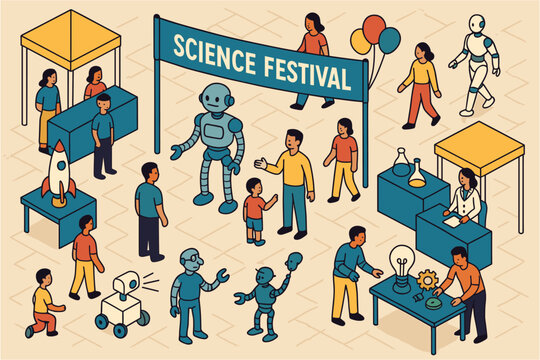 Isometric science festival with robots and people in interactive technology fair