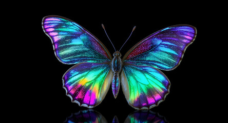 Iridescent rainbow butterfly with shimmering wings, black glossy background