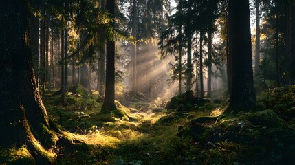Fototapeta premium Sunlight streams through tall evergreen trees illuminating the mossy forest floor during early morning
