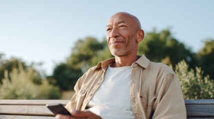 Fototapeta premium Older man sitting on a park bench, smiling at his cell phone.