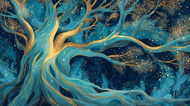 Mystical Tree with Glowing Lights and Turquoise Branches in Enchanted Forest