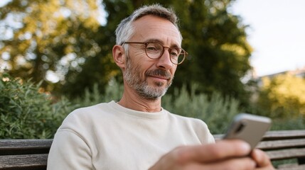 Fototapeta premium Man sitting in park using smartphone