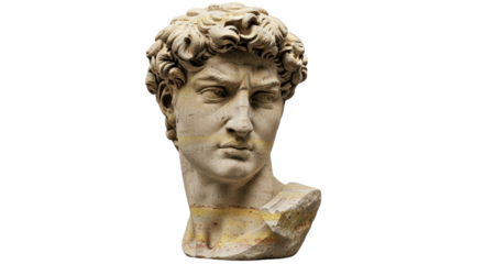Michelangelo s David head sculpture PNG isolated on transparent background, Renaissance art statue for historical and cultural design projects