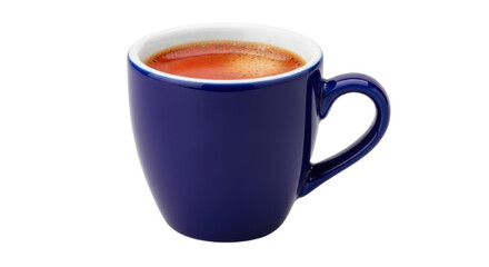 Dark blue coffee cup with espresso isolated PNG, hot drink in a mug on transparent background for cafe and restaurant use