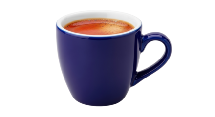 Dark blue coffee cup with espresso isolated PNG, hot drink in a mug on transparent background for cafe and restaurant use