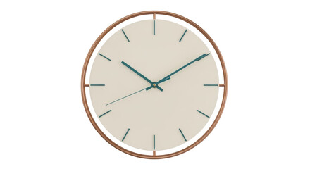 Modern round wall clock with copper frame isolated PNG, minimalist timekeeping design element on...