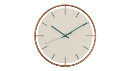 Modern round wall clock with copper frame isolated PNG, minimalist timekeeping design element on transparent background