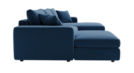 Modern navy blue sectional sofa isolated PNG, contemporary couch with chaise lounge on transparent...