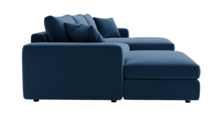 Modern navy blue sectional sofa isolated PNG, contemporary couch with chaise lounge on transparent background for interior design mockups