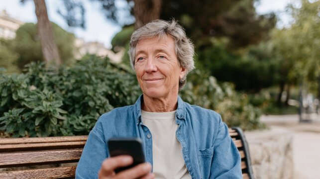 Older man sitting on bench using cell phone in park. - Powered by Adobe