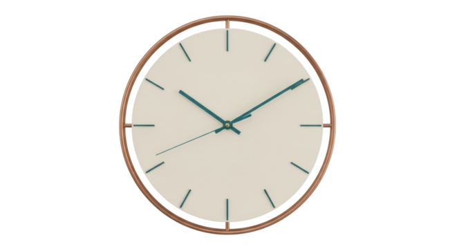Modern round wall clock with copper frame isolated PNG, minimalist timekeeping design element on transparent background