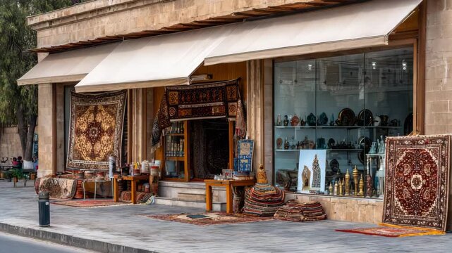 Beautiful carpet shop displays intricate designs in bustling market environment during sunny daytime in old town