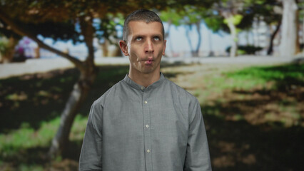 Man expressing various emotions in a sunny park environment with blurred greenery and trees, capturing a casual outdoor afternoon vibe.