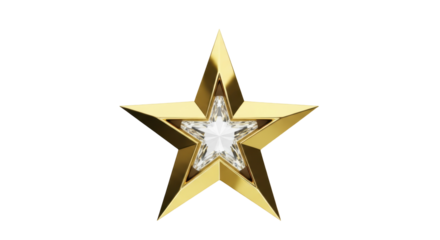 Golden star with diamond center isolated PNG, luxury award symbol for graphic design and festive decorations on transparent background