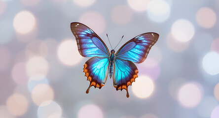 Vibrant Blue Morpho butterfly flying against a soft pastel bokeh background, ultra-detailed wings